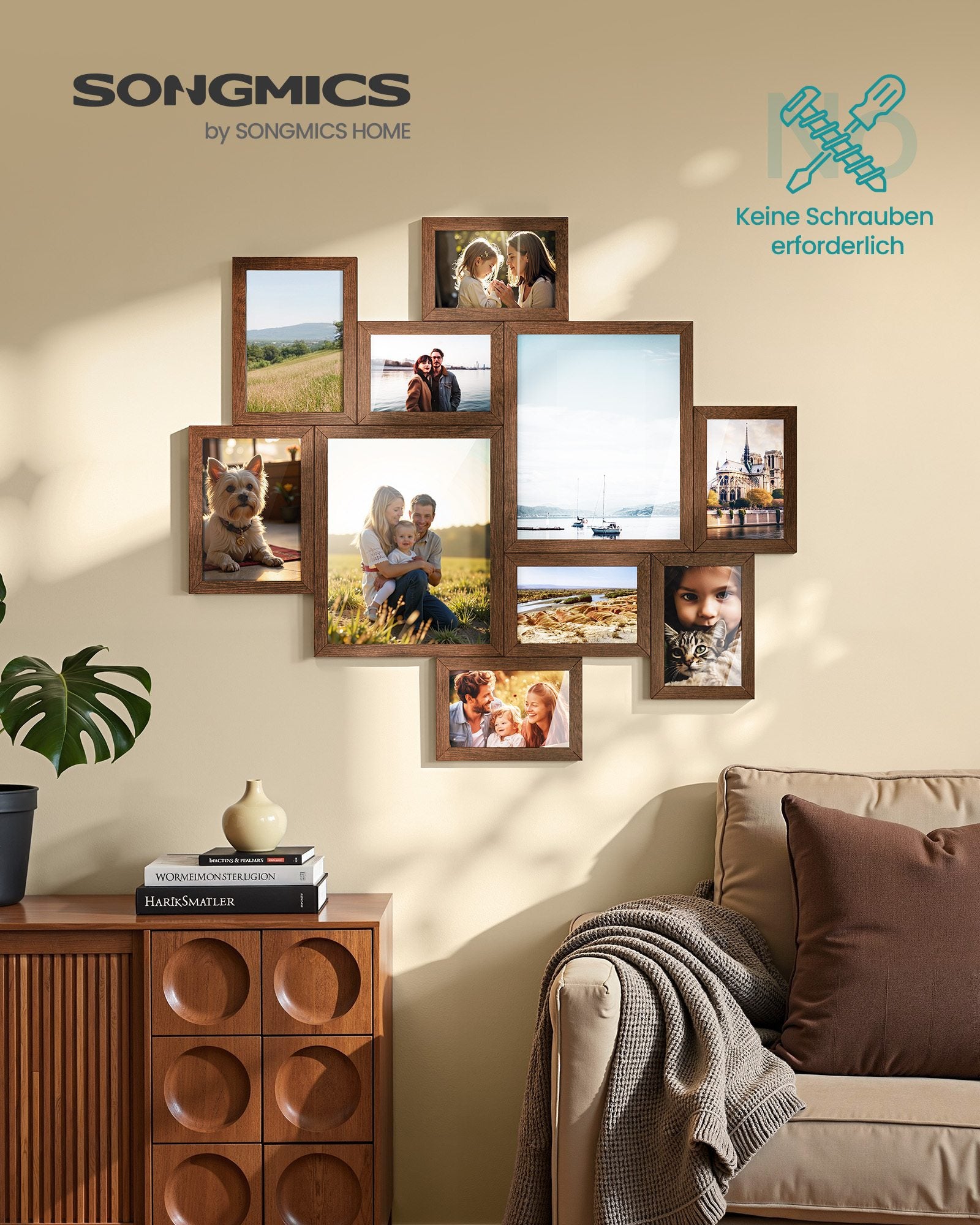 Fotolijst - Set van 10 - Diverse maten 17,4 x 12,3 cm, 20 x 14,8 cm, 27,5 x 22,5 cm - Materiaal PVC en MDF - Kleur Roodbruin - Geschikt voor fotoformaten tot 20 x 25 cm - Totaal gewicht 1,73 kg
