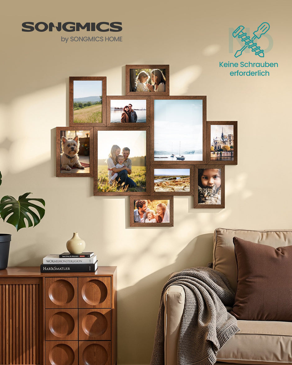 Fotolijst - Set van 10 - Diverse maten 17,4 x 12,3 cm, 20 x 14,8 cm, 27,5 x 22,5 cm - Materiaal PVC en MDF - Kleur Roodbruin - Geschikt voor fotoformaten tot 20 x 25 cm - Totaal gewicht 1,73 kg