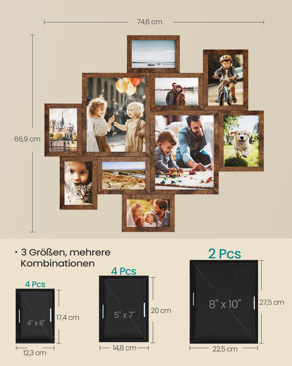 Fotolijst - Set van 10 - Diverse maten 17,4 x 12,3 cm, 20 x 14,8 cm, 27,5 x 22,5 cm - Materiaal PVC en MDF - Kleur Roodbruin - Geschikt voor fotoformaten tot 20 x 25 cm - Totaal gewicht 1,73 kg