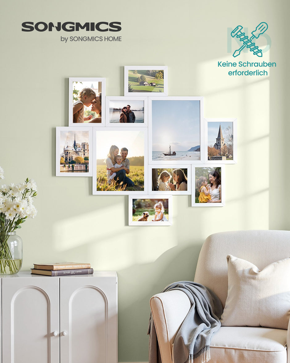 Fotolijstje - Set van 10 - Diverse maten - 20 x 25 cm, 13 x 18 cm, 10 x 15 cm - Wit - PVC-kunststof