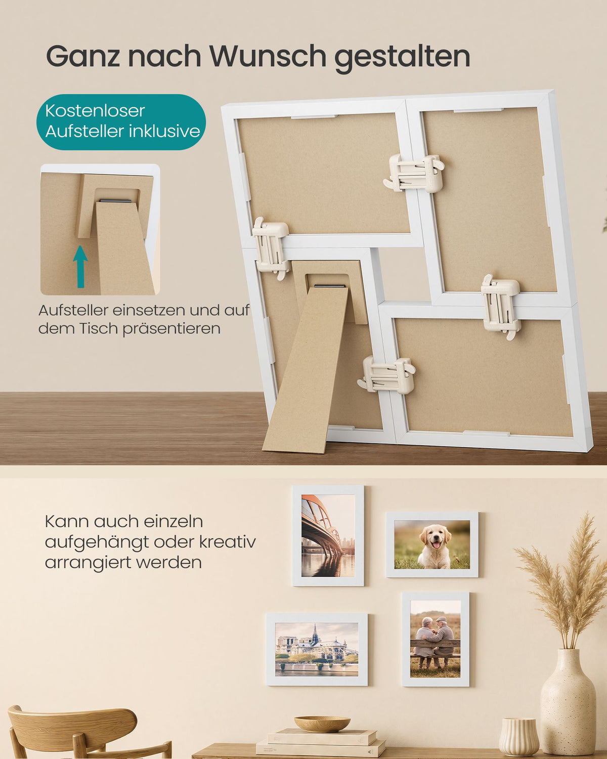 Fotolijsten Set – Compact – Gereedschapsloos Ophangen of Neerzetten – 10 x 15 cm – Wit