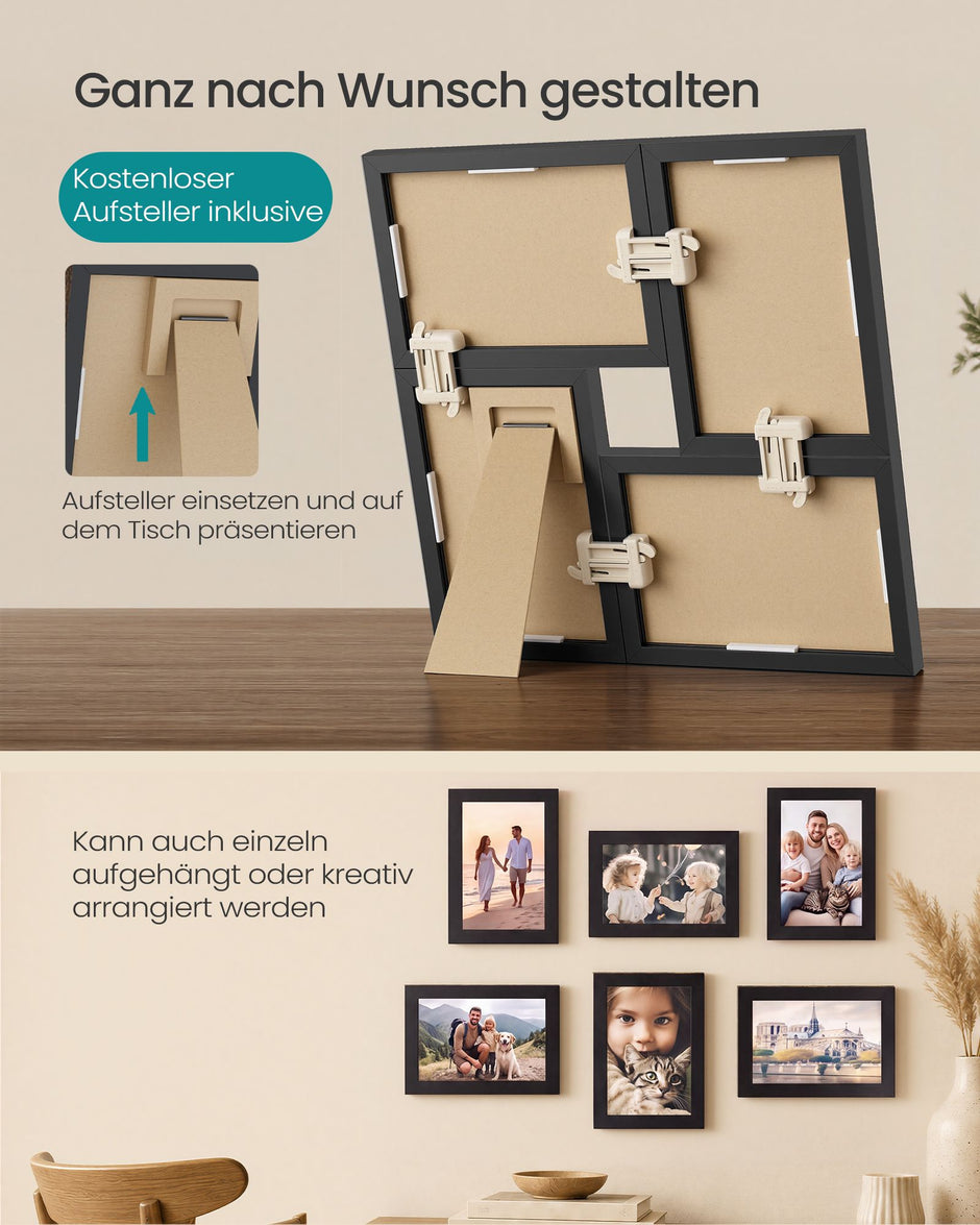 Fotolijsten Set – Middelgroot – Gereedschapsloos Ophangen of Neerzetten – 10 x 15 cm – Zwart