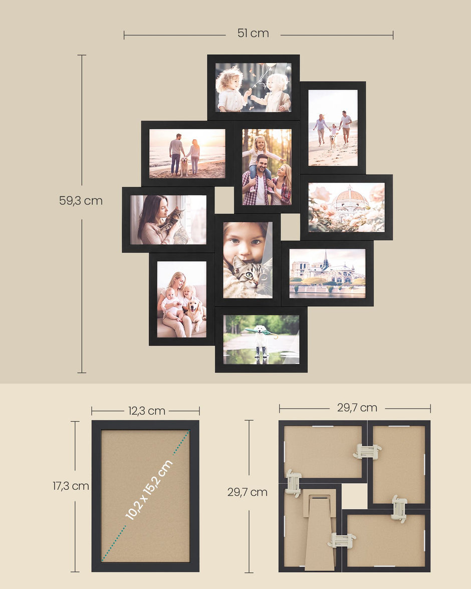 Fotolijsten Set – Middelgroot – Gereedschapsloos Ophangen of Neerzetten – 10 x 15 cm – Zwart