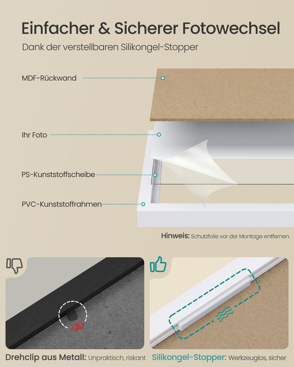Fotolijsten Set – Middelgroot – Gereedschapsloos Ophangen of Neerzetten – 10 x 15 cm – Wit