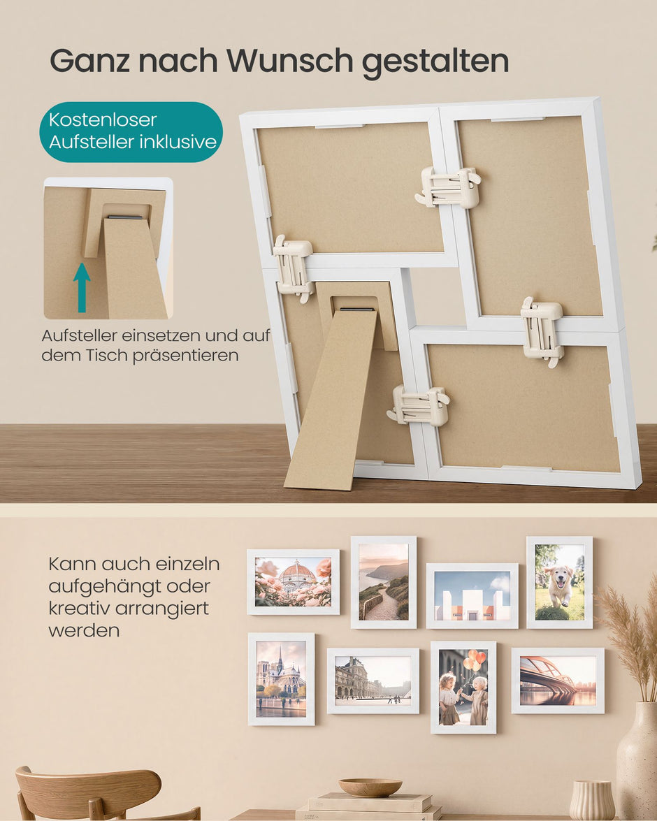 Fotolijsten Set – Groot – Gereedschapsloos Ophangen of Neerzetten – 10 x 15 cm – Wit