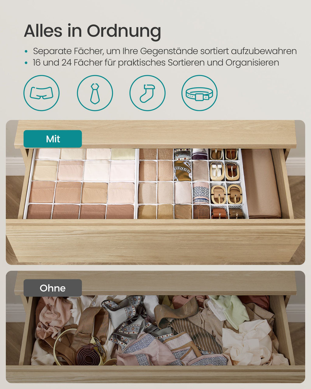 Underkläderarrangör uppsättning av 4 med 80 företag Cream White