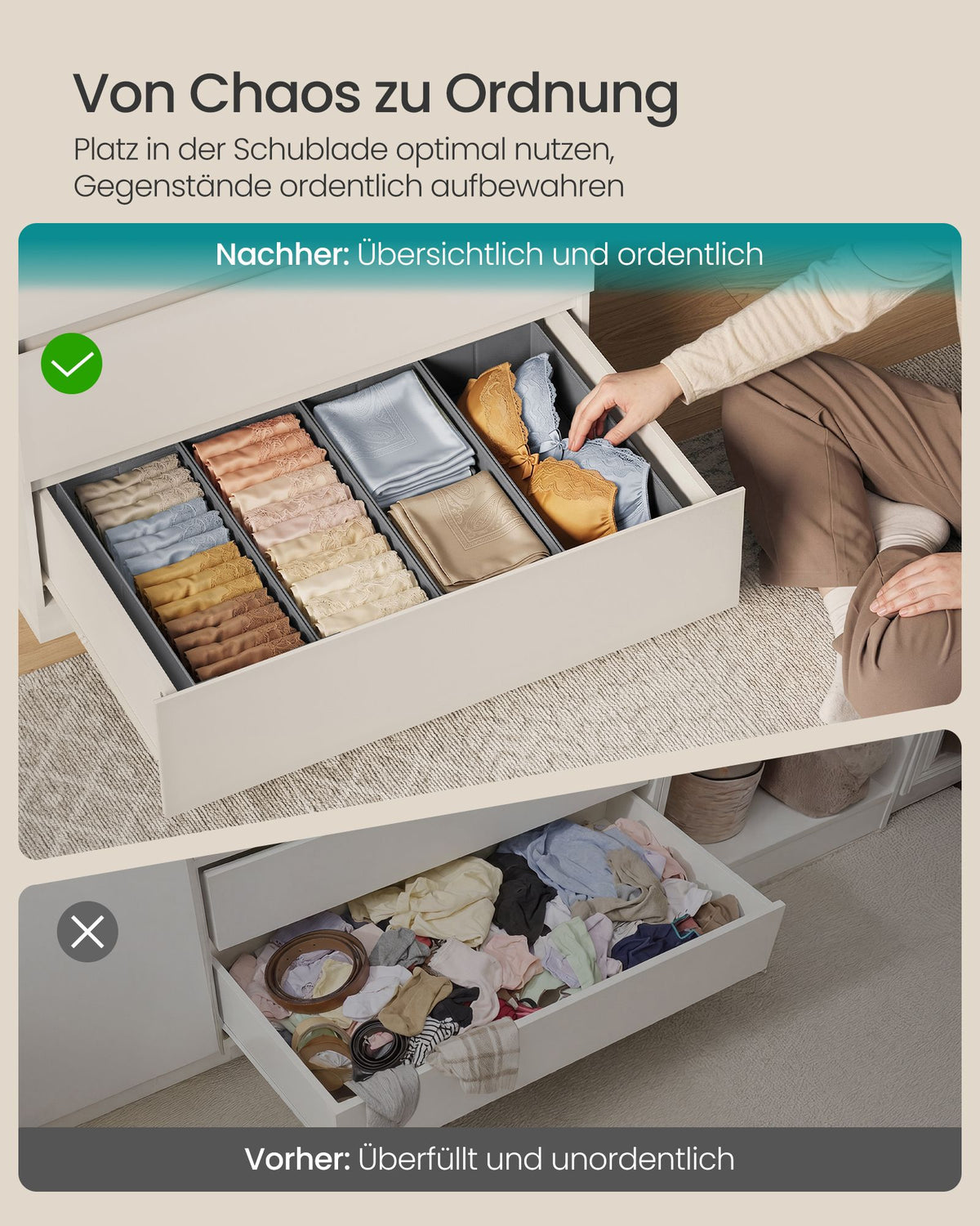 Lade-organizers – Set van 6 – Opvouwbaar – Zonder Vakjes – 40 x 17 – Duifgrijs