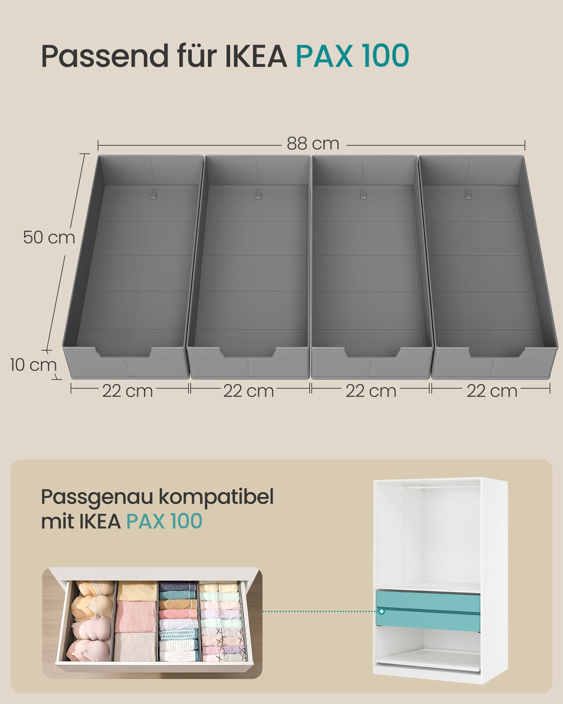 Lade-organizers – Set van 6 – Opvouwbaar – Zonder Vakjes – 50 x 22 – Duifgrijs