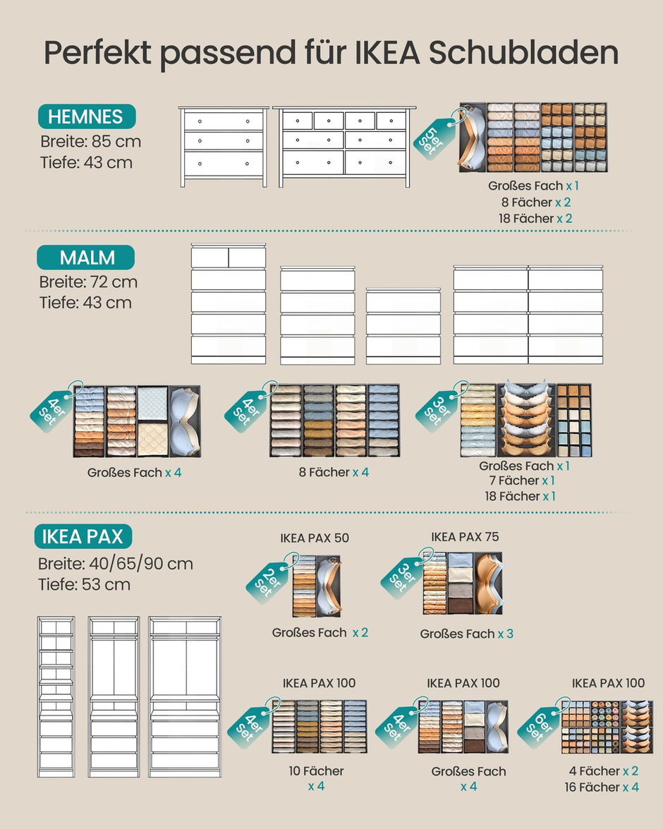 Lade-organizers – Set van 6 – Opvouwbaar – Zonder Vakjes – 50 x 22 – Duifgrijs