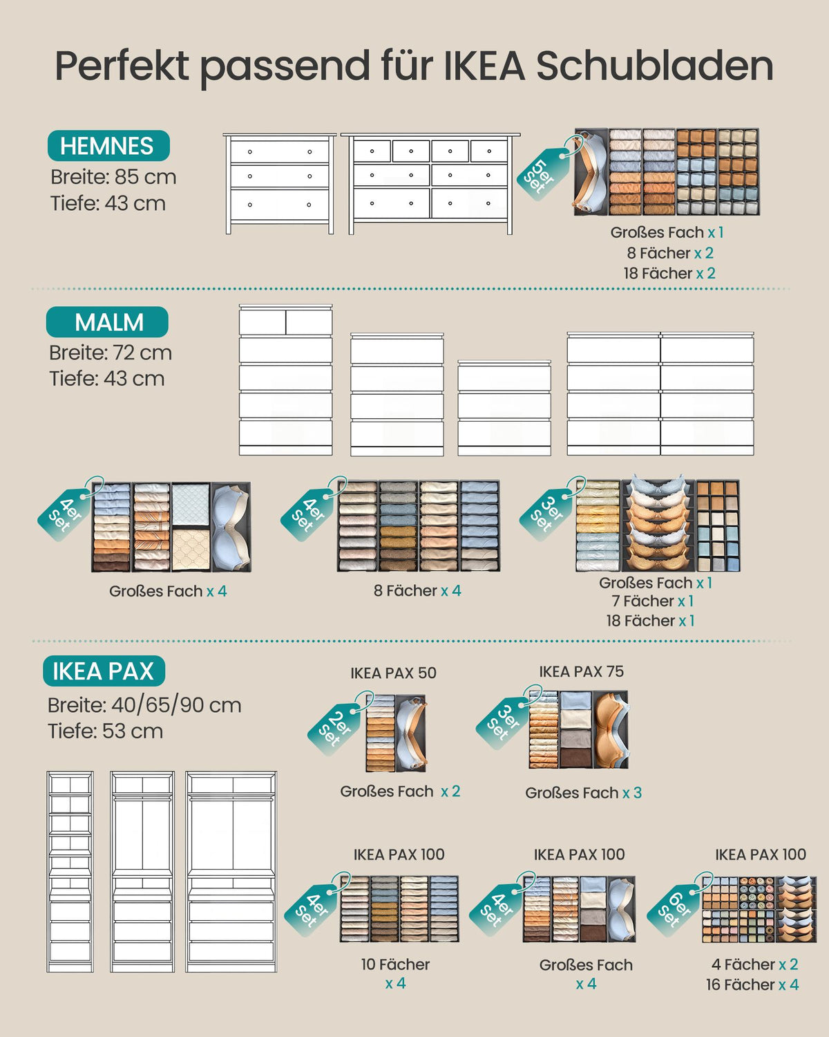 Lade-organizer - Opvouwbaar - Set van Meerdere Boxen - Duifgrijs - 19 x 50 x 10 cm