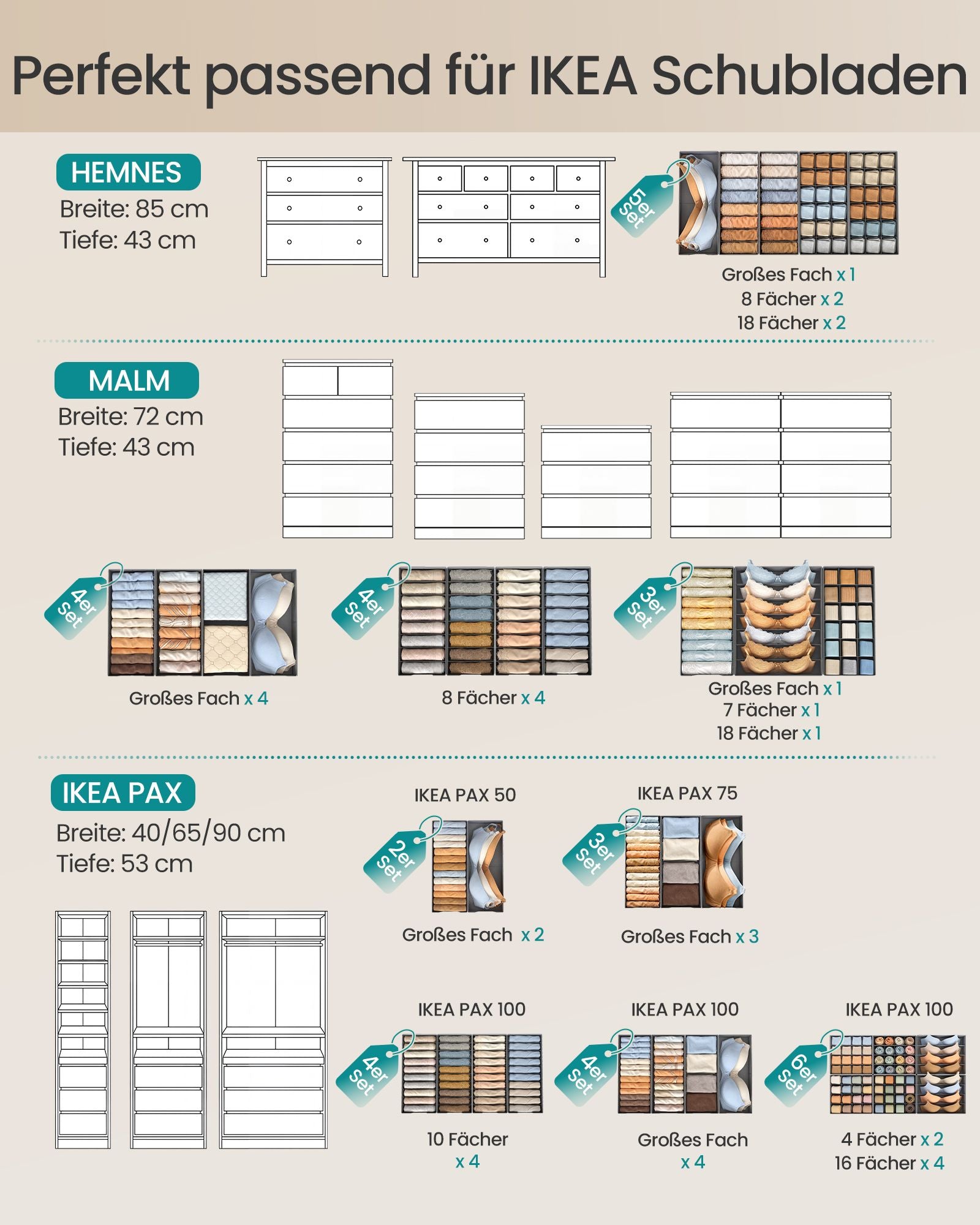 Lade-organizer - Opvouwbaar - Set van Meerdere Boxen - Duifgrijs - 19 x 41 x 10 cm