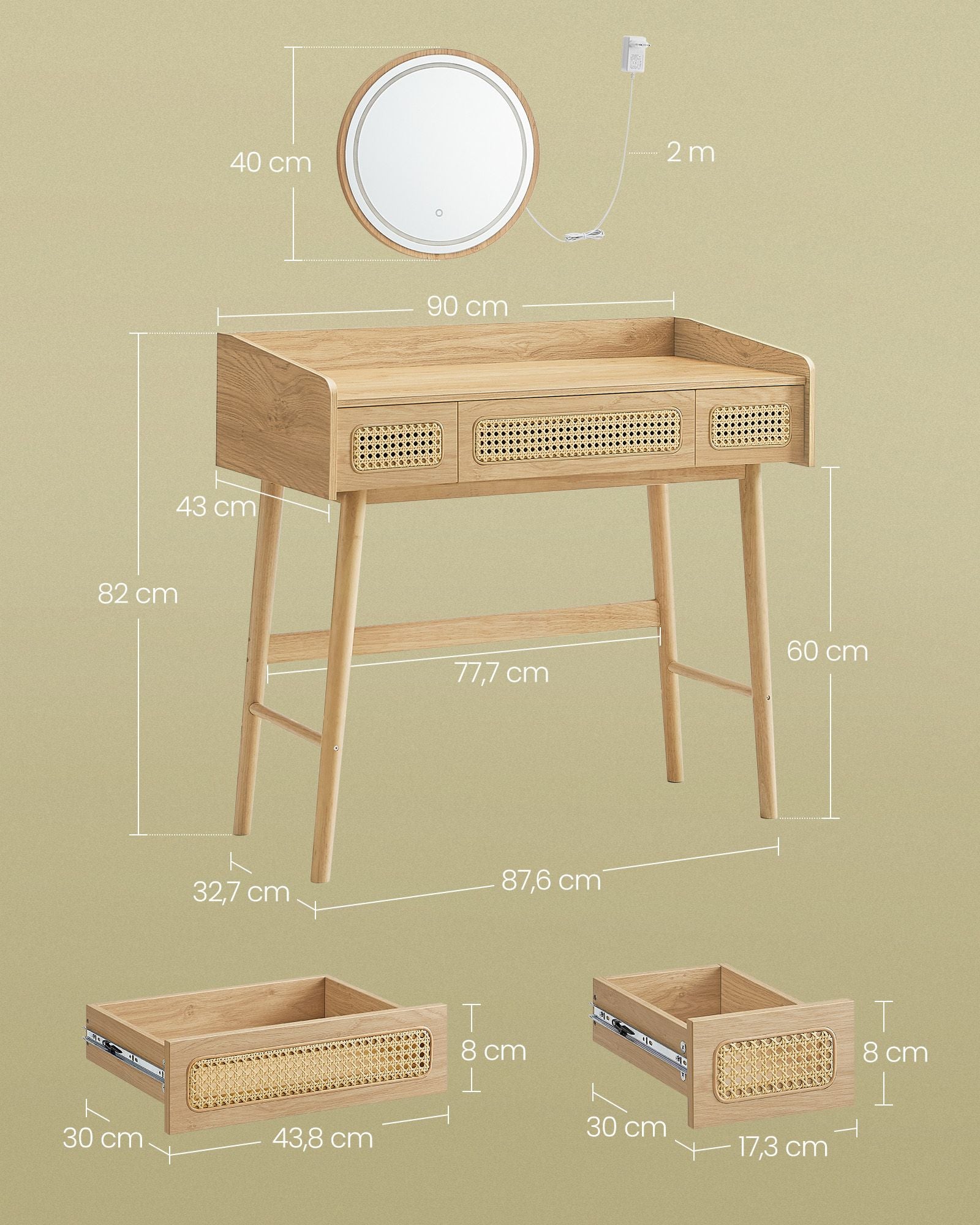 Sminkbord med spegel och lådor – Boho Style – Ek Beige