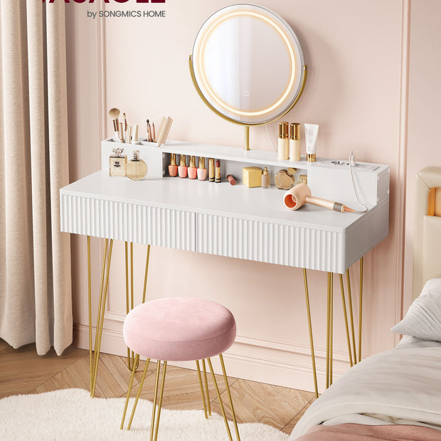 Sminkbord med belysning och pall - Matt vit-blekt guld