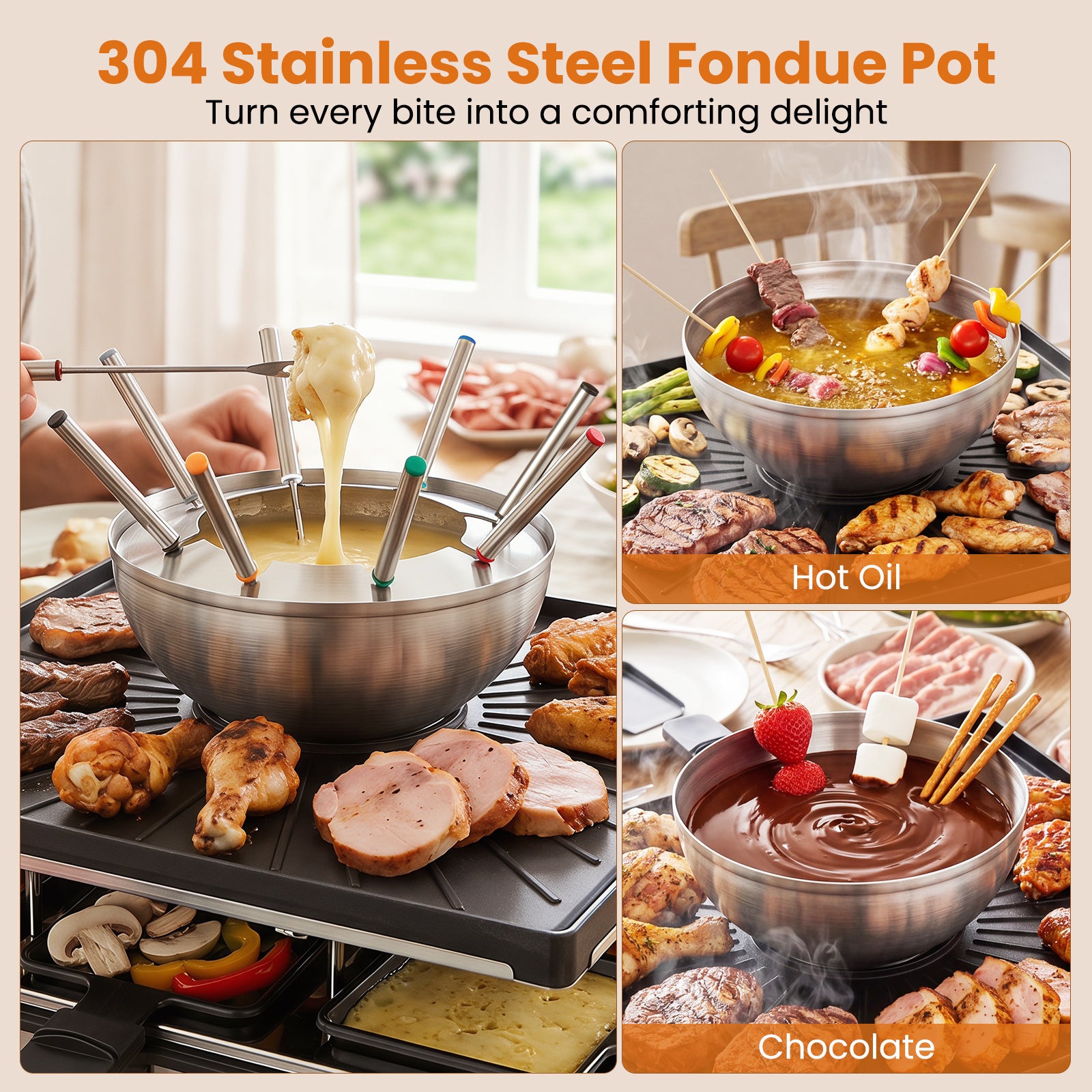 Raclettegrill – med fondue, W elgrill för personer, non stick grillplatta och pannor – 2200 8 8