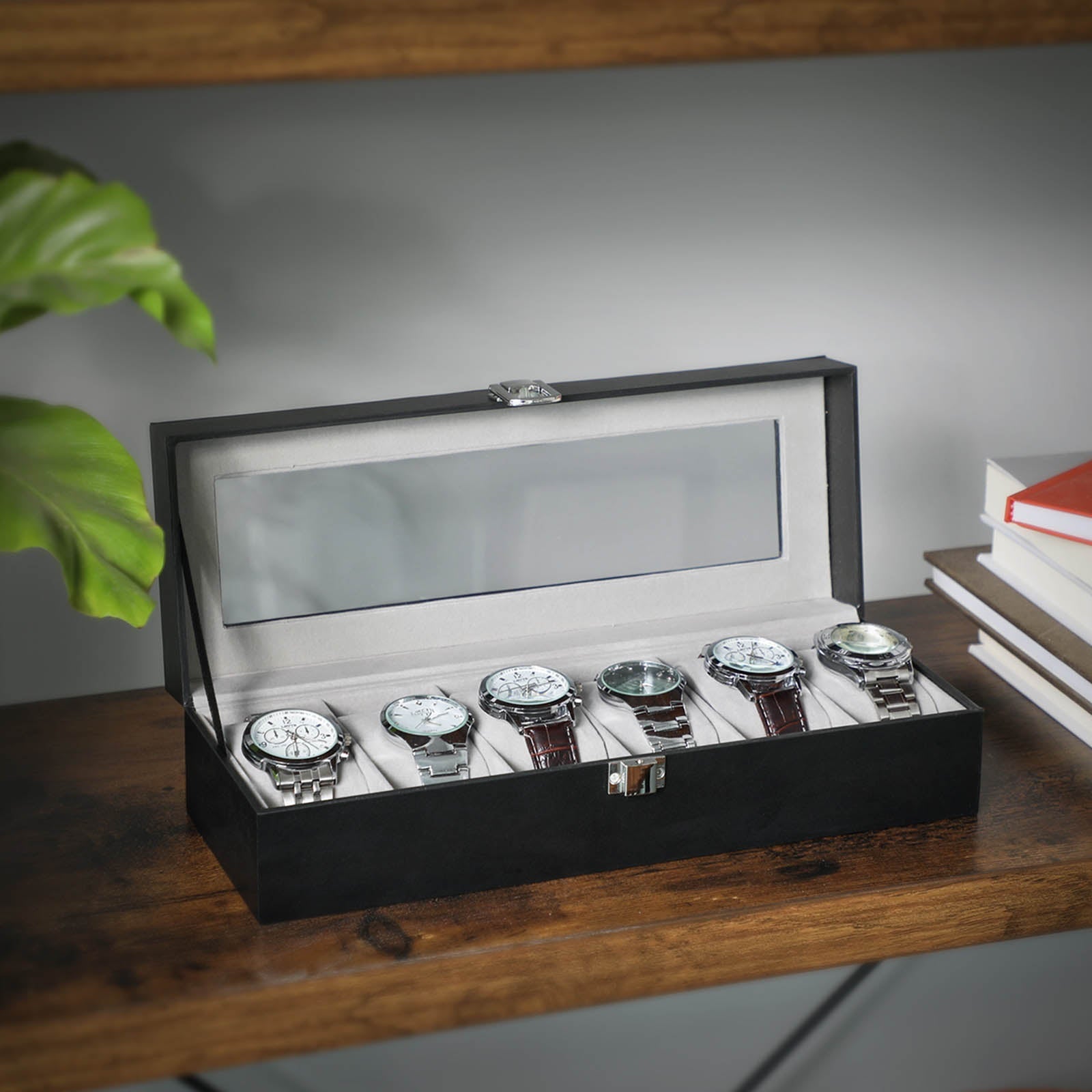 Watchbox - Watch Cabinet med glaslock - för 6 klockor - Svart