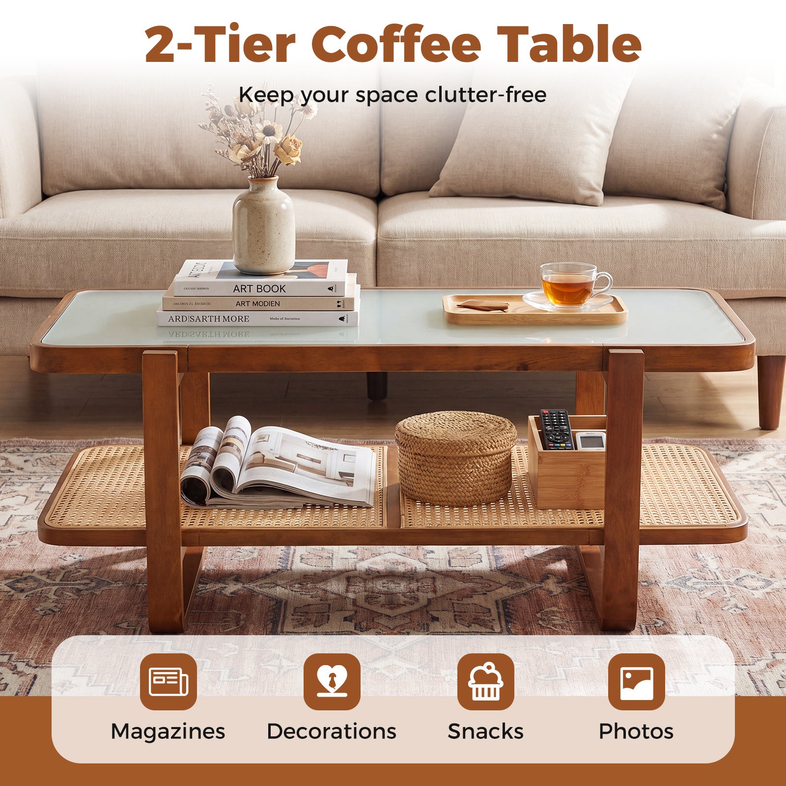 Rektangulärt – soffbord, vardagsrumsbord med massiv träram Valnötsfärg – 105 x 50,5 x 45 cm