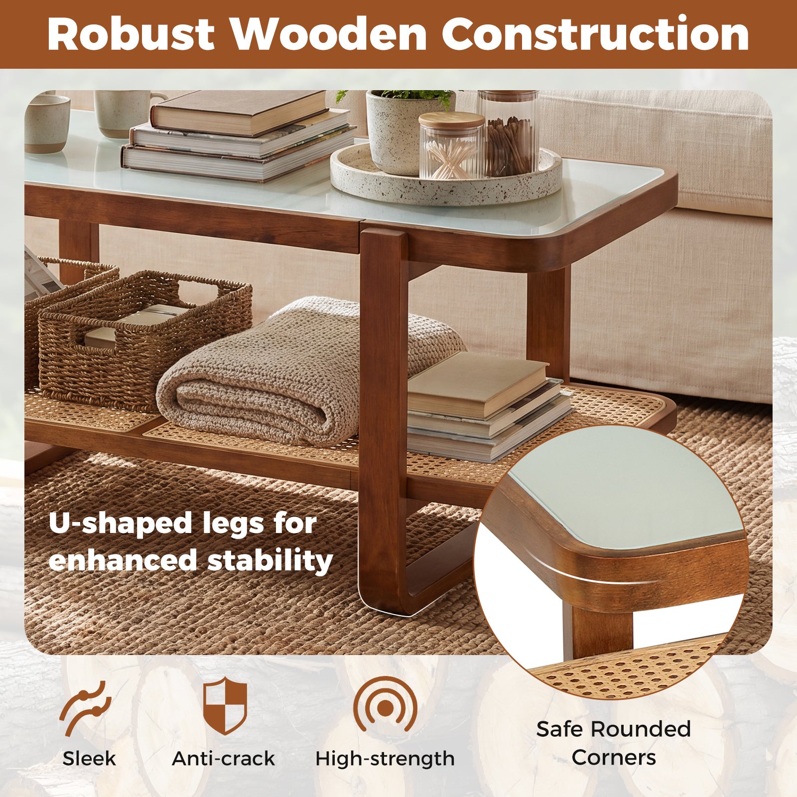 Rektangulärt – soffbord, vardagsrumsbord med massiv träram Valnötsfärg – 105 x 50,5 x 45 cm