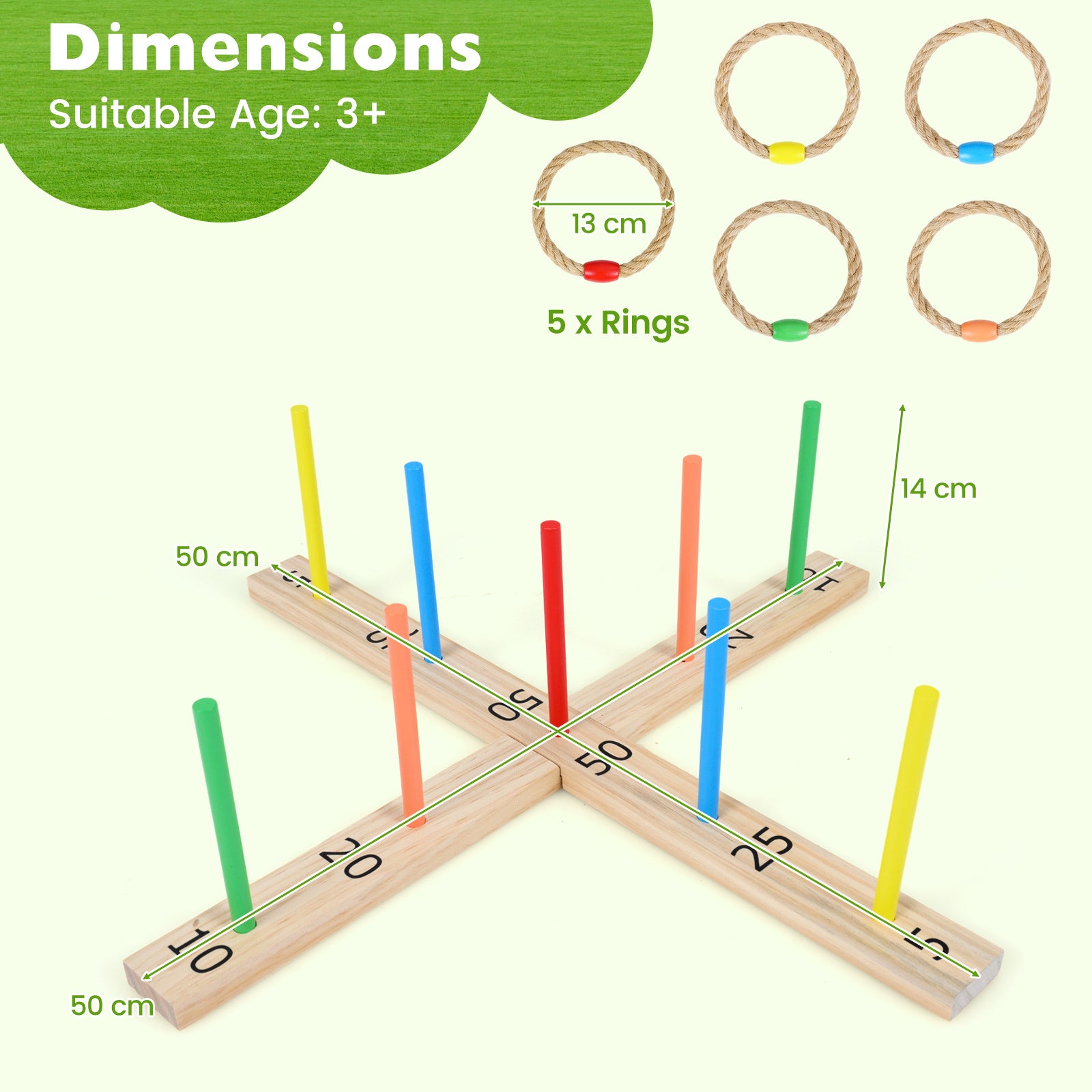 Ringkastspel – i massivträ, utomhus trädgårdsspel med kastringar – 50 x 50 x 14 cm