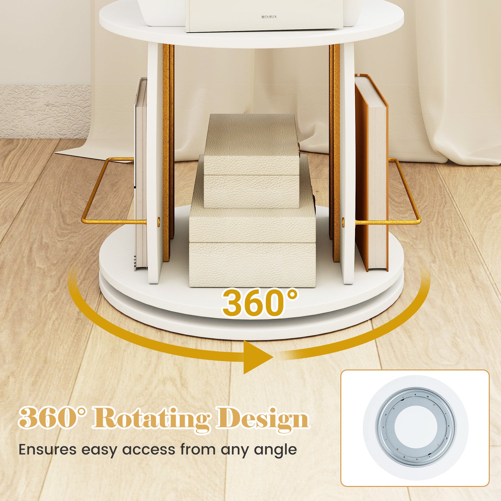 Roterbar – bokhylla i trä med roterande bas och skyddsräcke – 40 x 40 x 128,5 cm
