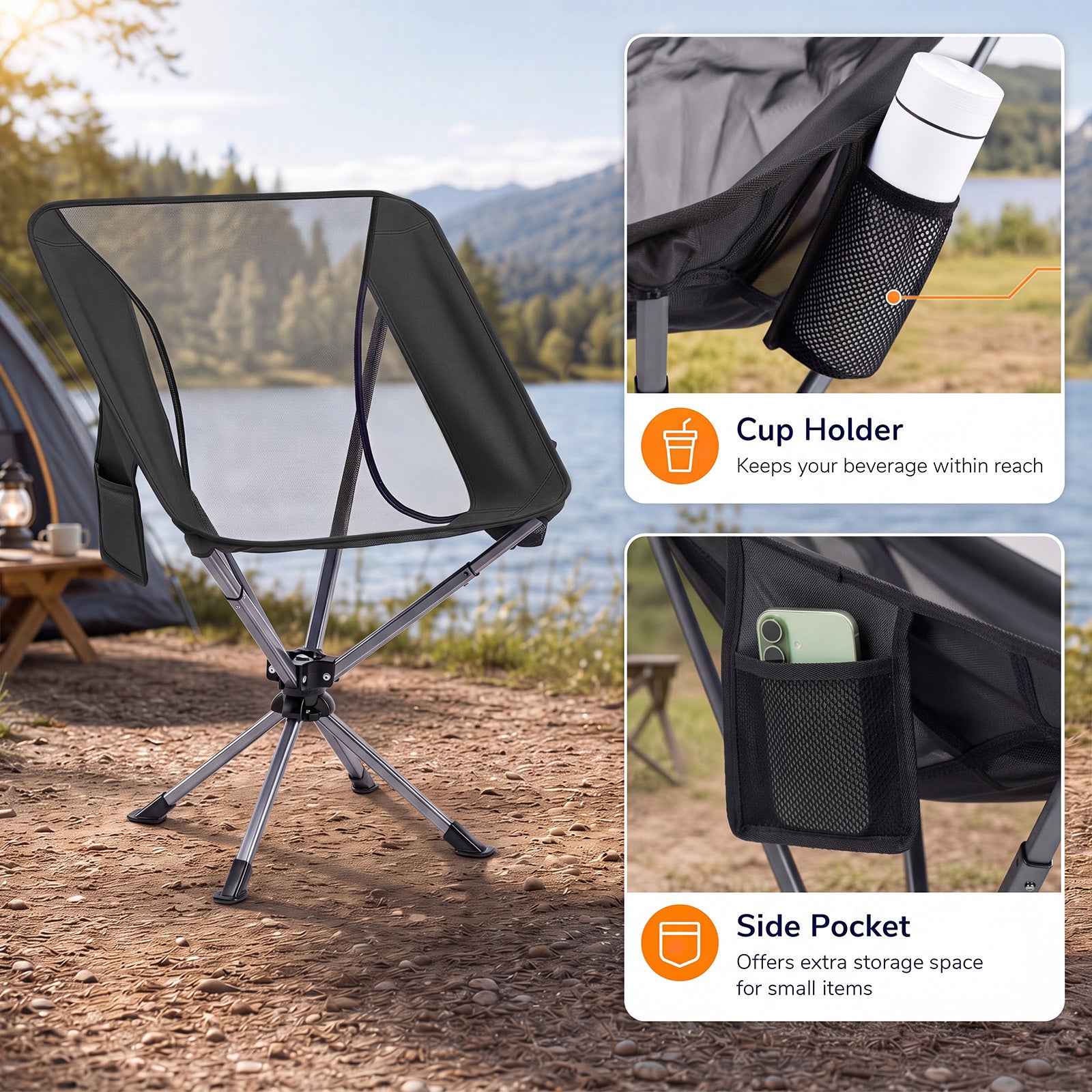 Roterbar – campingstol, hopfällbar som klarar upp till kg, med dryckeshållare och sidoficka – 150