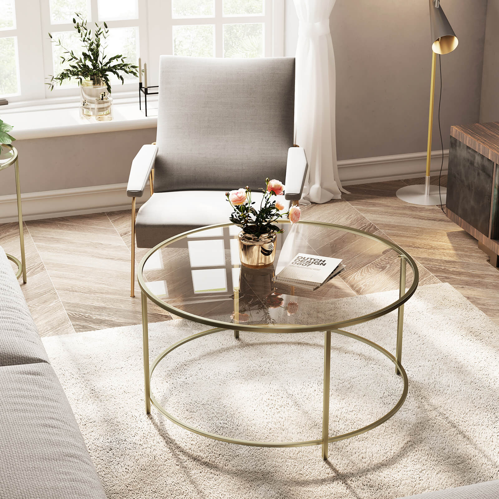 Runt soffbord – Glasskiva med guldram – Guld