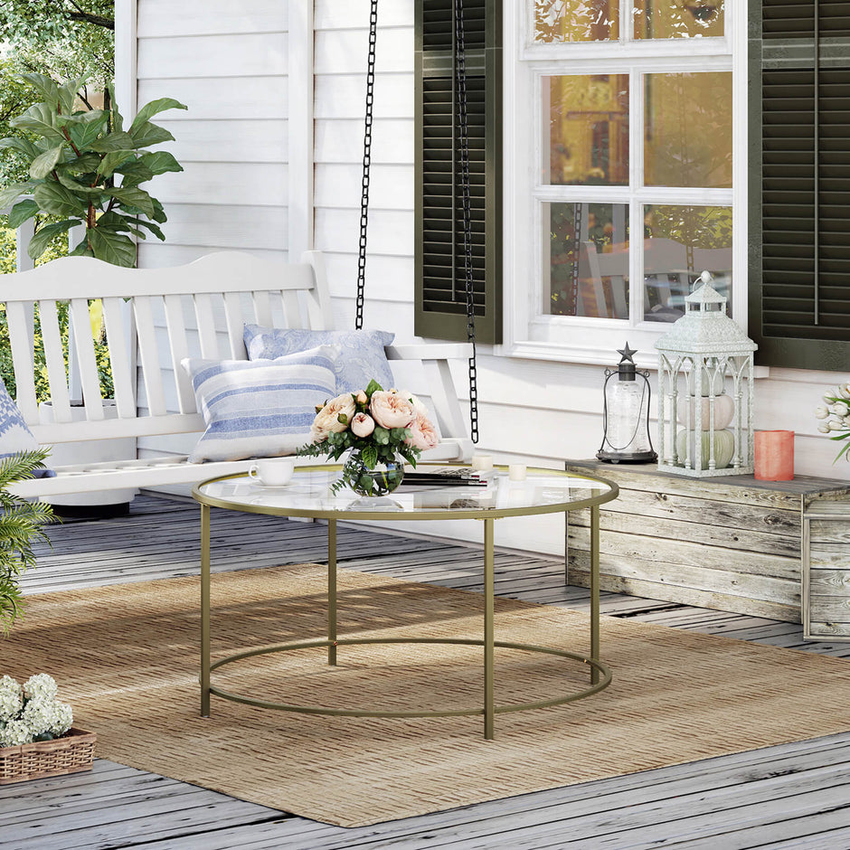 Runt soffbord – Glasskiva med guldram – Guld