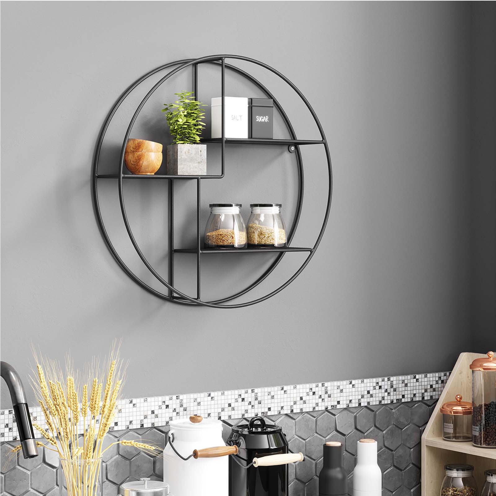 Väggställ - Industriell design - Rund med 3 metallhyllor - Svart