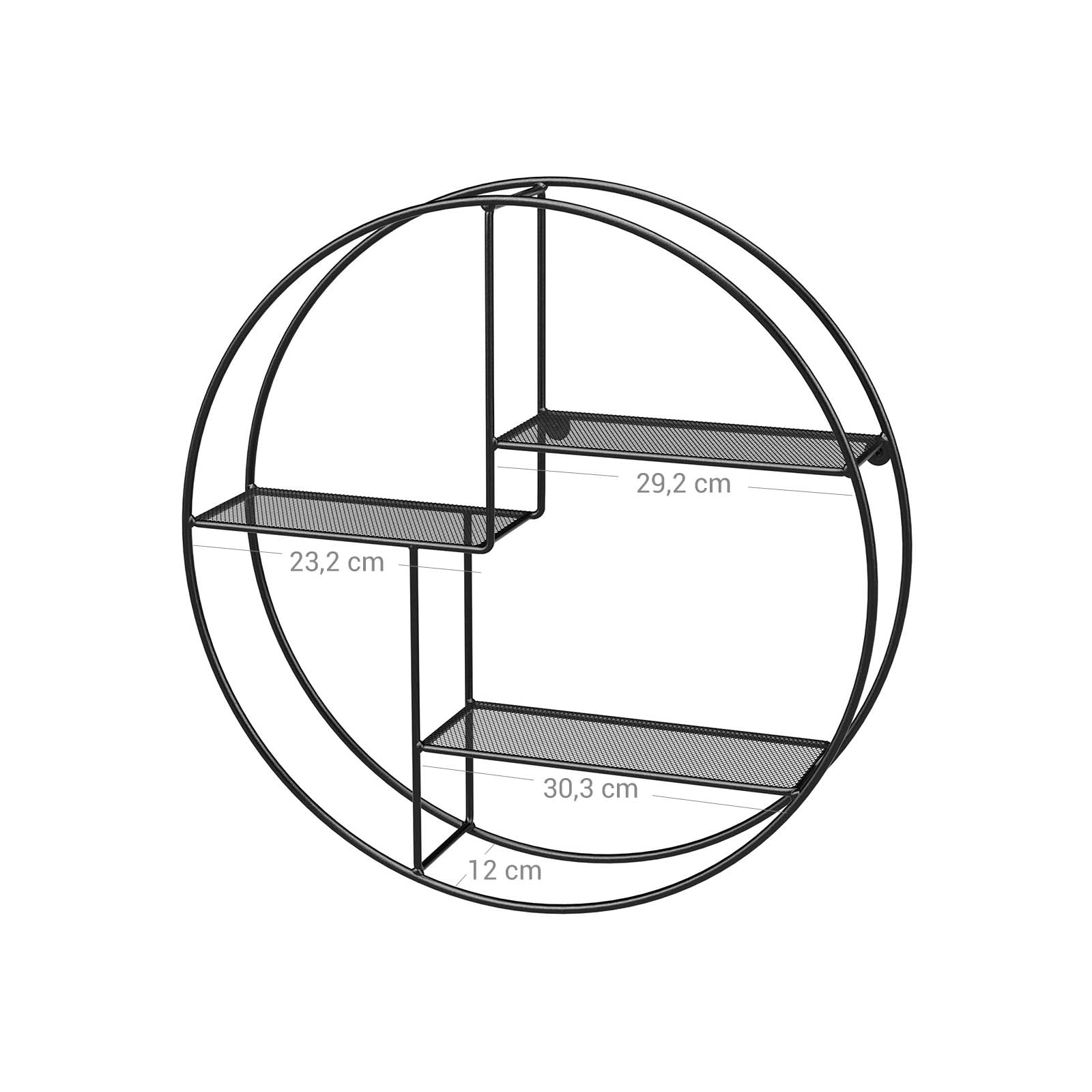 Väggställ - Industriell design - Rund med 3 metallhyllor - Svart