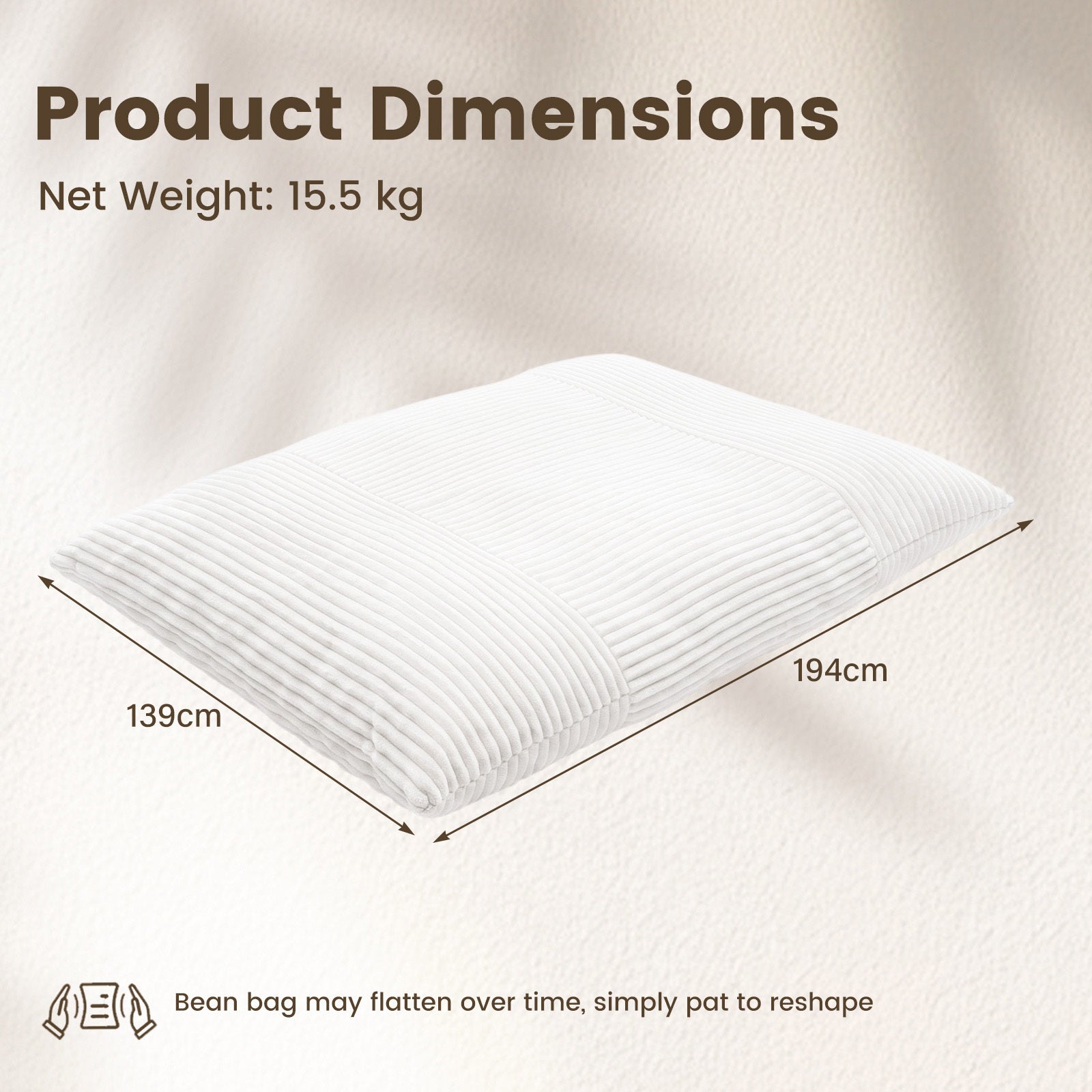 Säckpuff – i kordtyg, jättestor bönpuff med avtagbart överdrag – 194 x 139 x 19 cm