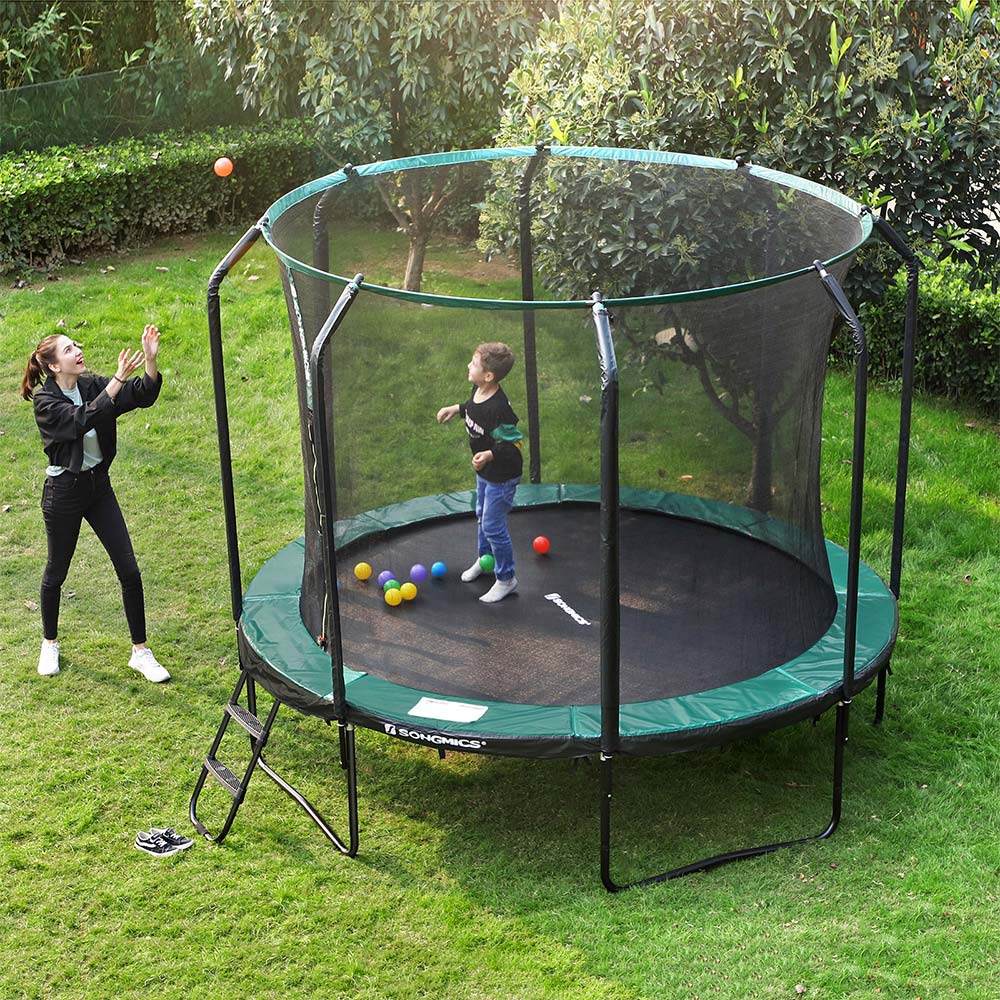 Trampolin - Ø 305 cm - Trädgårdstrampolin med nät och stege - mörkgrön