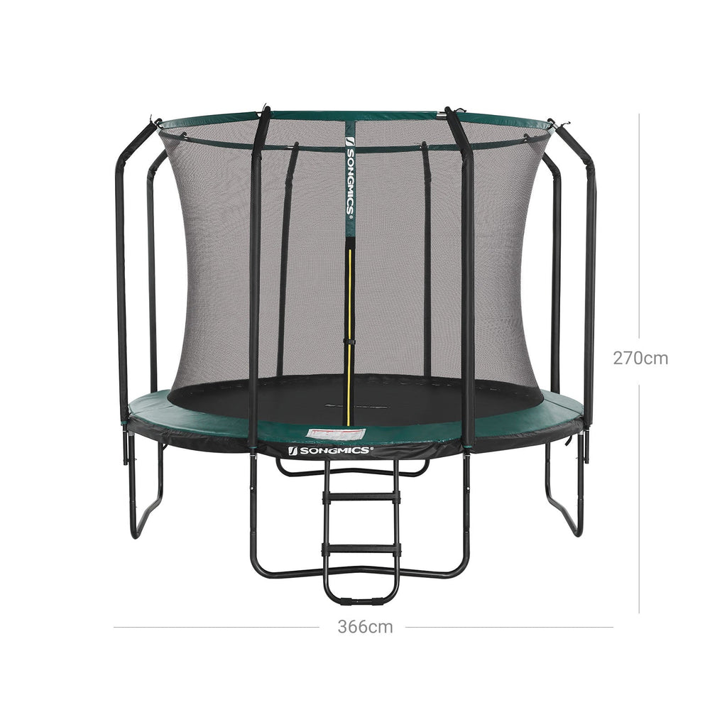 Trampolin - Ø 366 cm - med inre nätverk, stege och säkerhetsnät - grönt