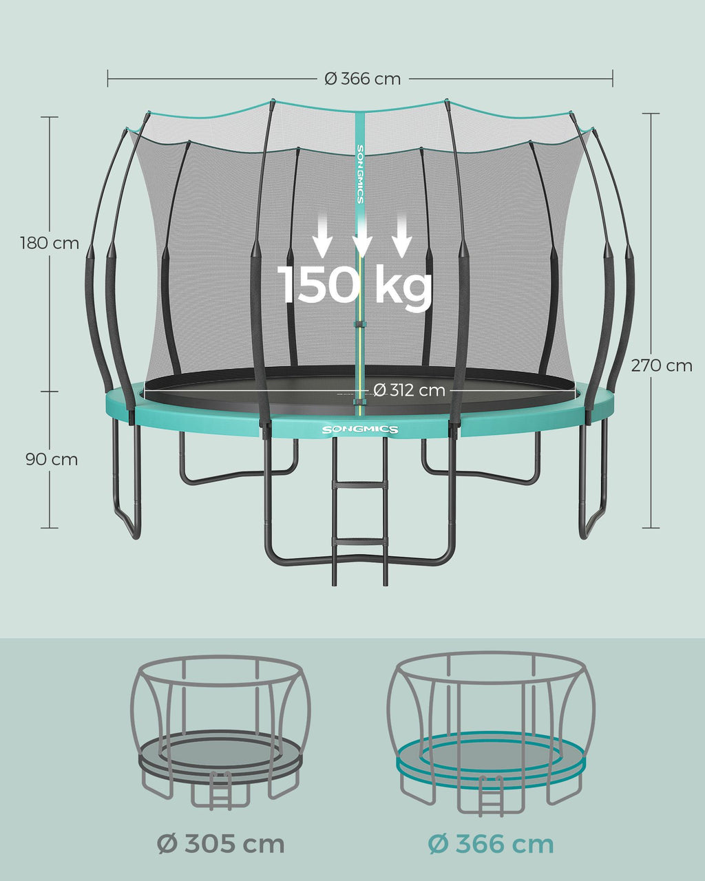 Trampolin - Ø 366 cm - med blixtlås - havsblå