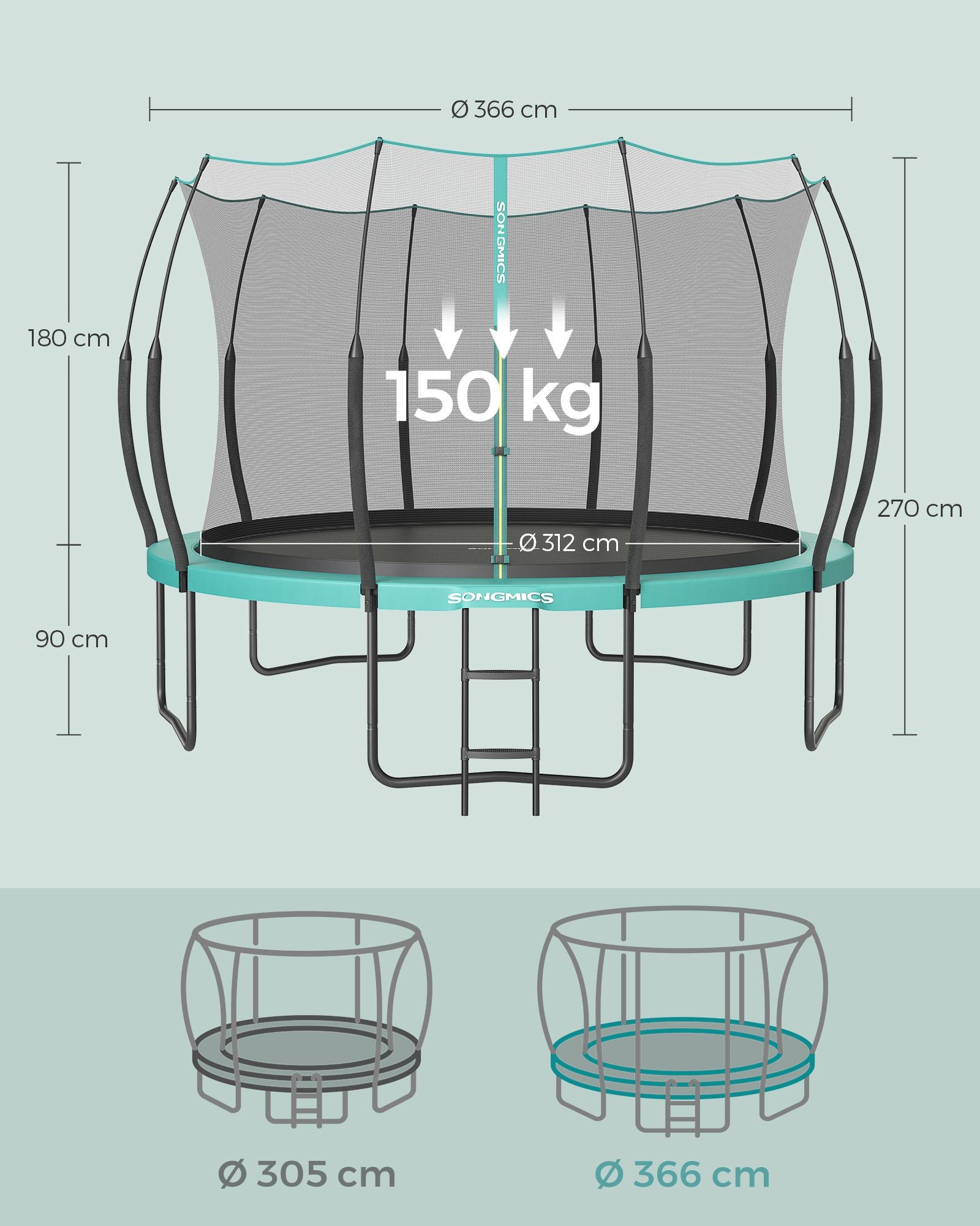 Trampolin - Ø 366 cm - med blixtlås - havsblå