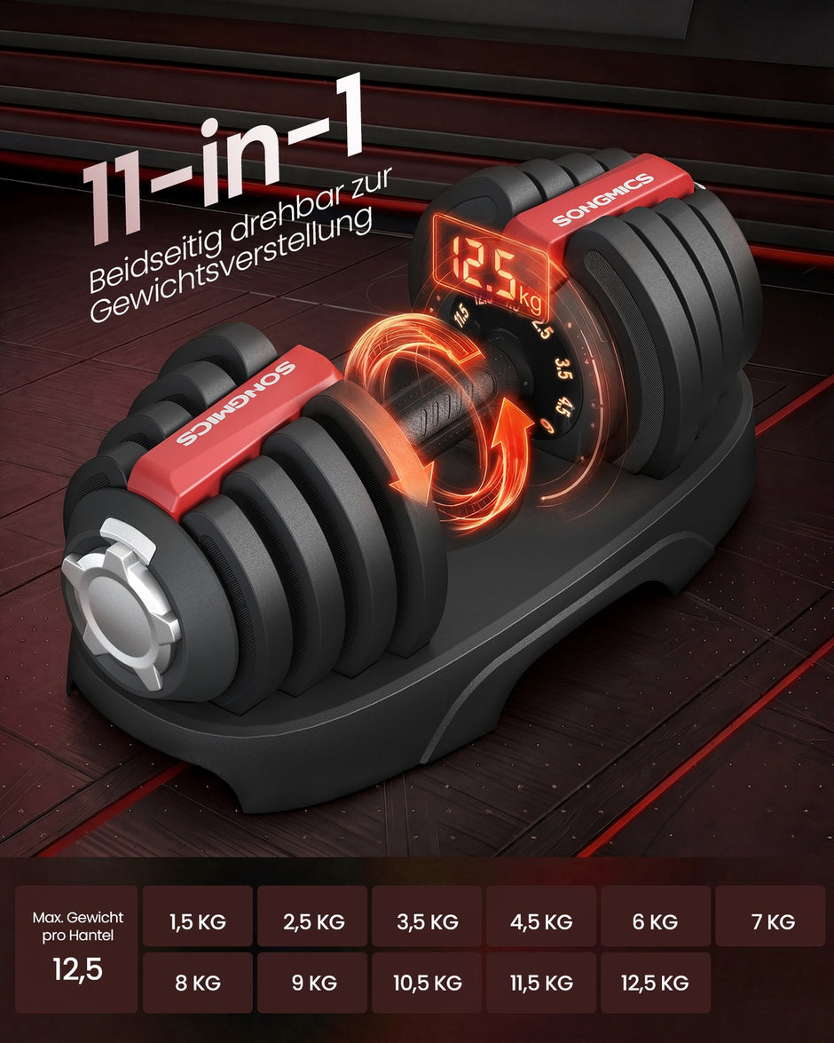 Dumbbells - 40 x 20 x 18 cm - Verstelbaar van 1,5 kg tot 12,5 kg - Antislip handgreep - Zwart en rood - Totaal gewicht 25 kg