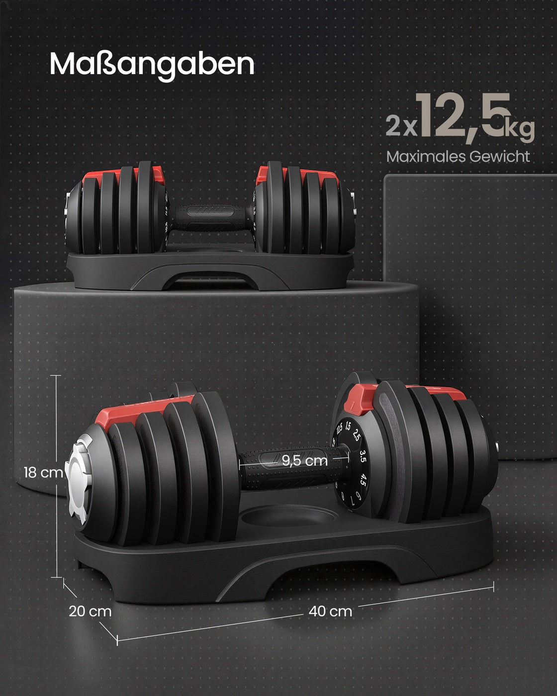Dumbbells - 40 x 20 x 18 cm - Verstelbaar van 1,5 kg tot 12,5 kg - Antislip handgreep - Zwart en rood - Totaal gewicht 25 kg