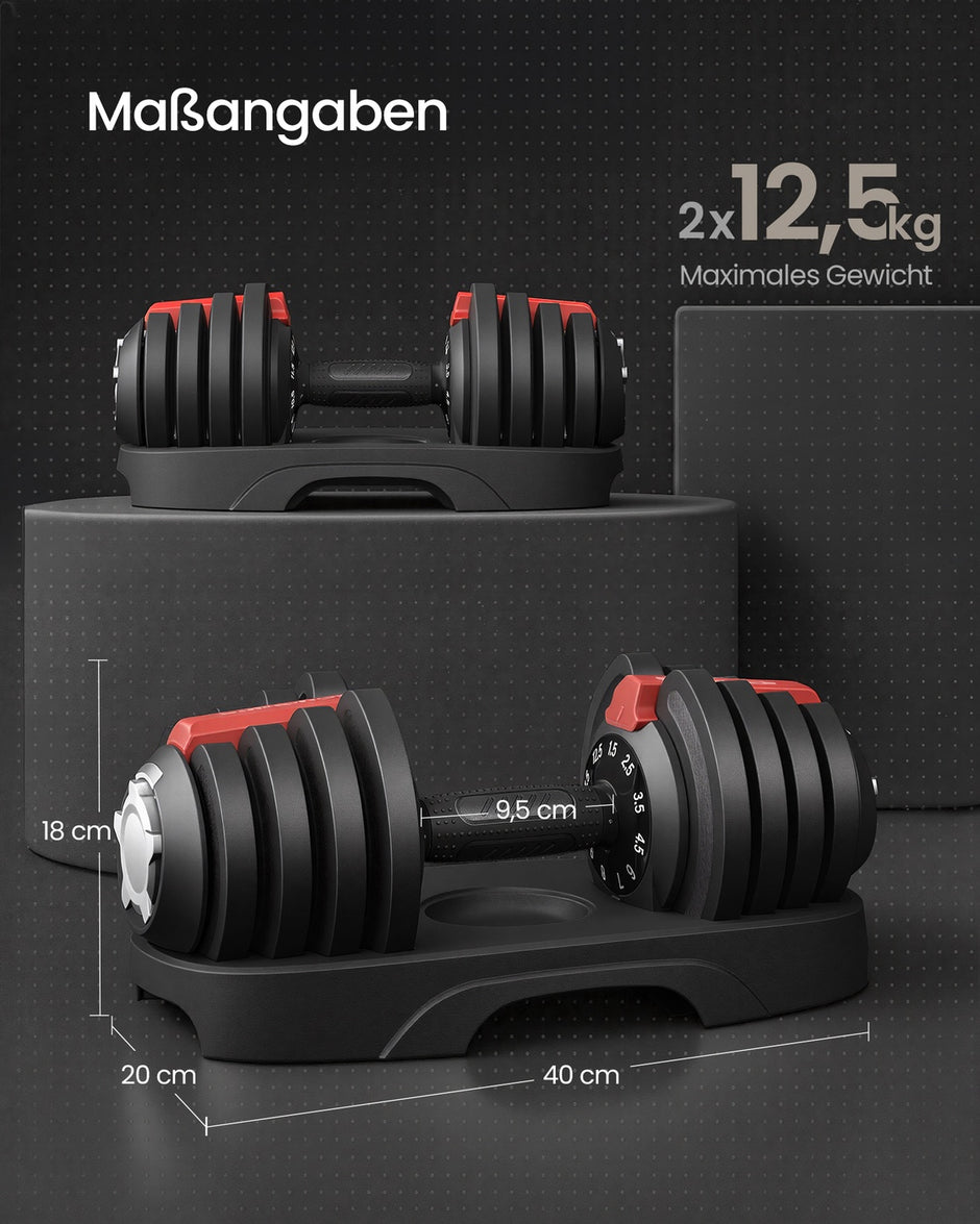 Dumbbells - 40 x 20 x 18 cm - Verstelbaar van 1,5 kg tot 12,5 kg - Antislip handgreep - Zwart en rood - Totaal gewicht 25 kg