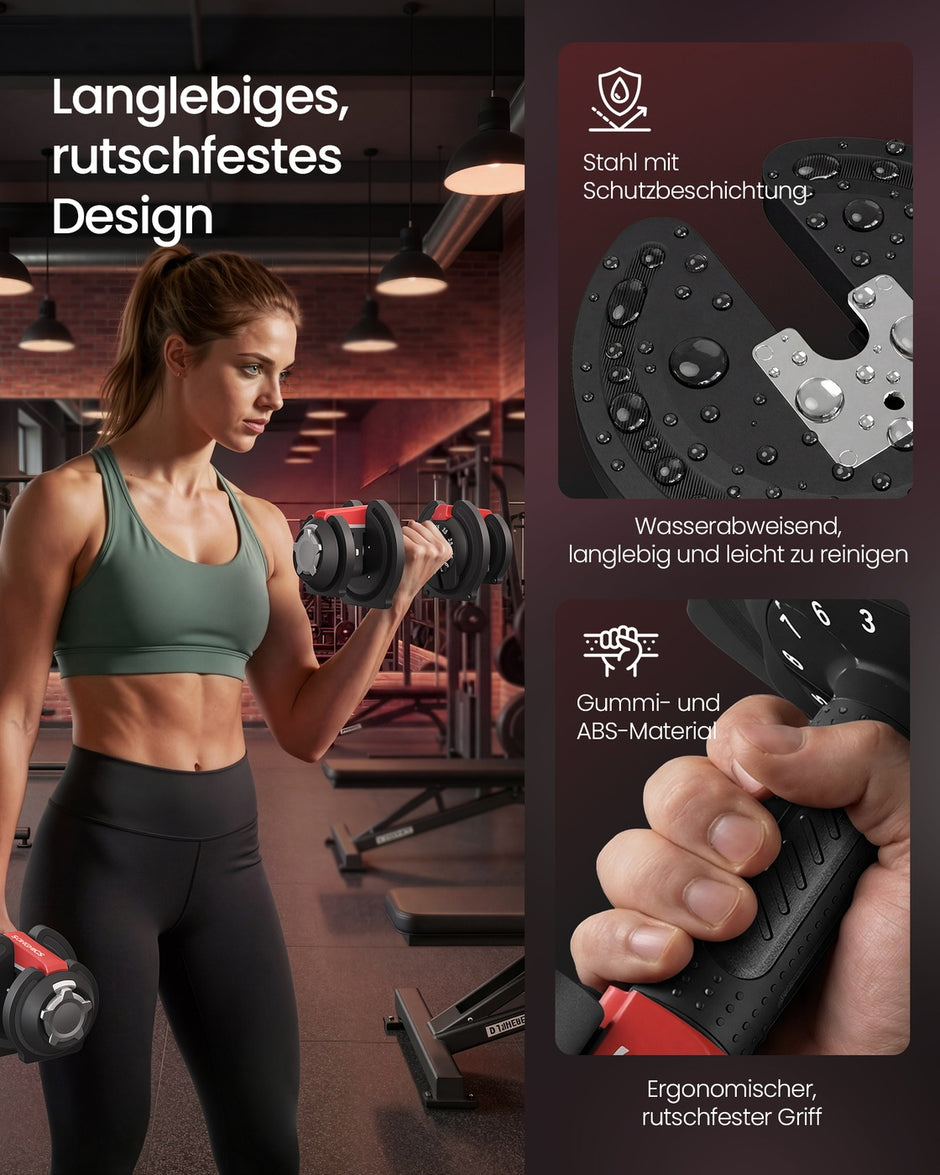 Dumbbells - 40 x 20 x 18 cm - Verstelbaar van 1,5 kg tot 12,5 kg - Antislip handgreep - Zwart en rood - Totaal gewicht 25 kg