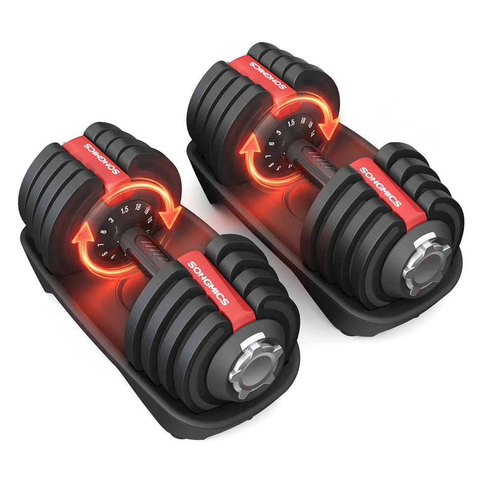 Verstelbare dumbbells - 1,5 kg tot 18 kg - Zwart en Rood - Inclusief standaard - 40 x 20,5 x 20,5 cm - Antislip handgreep