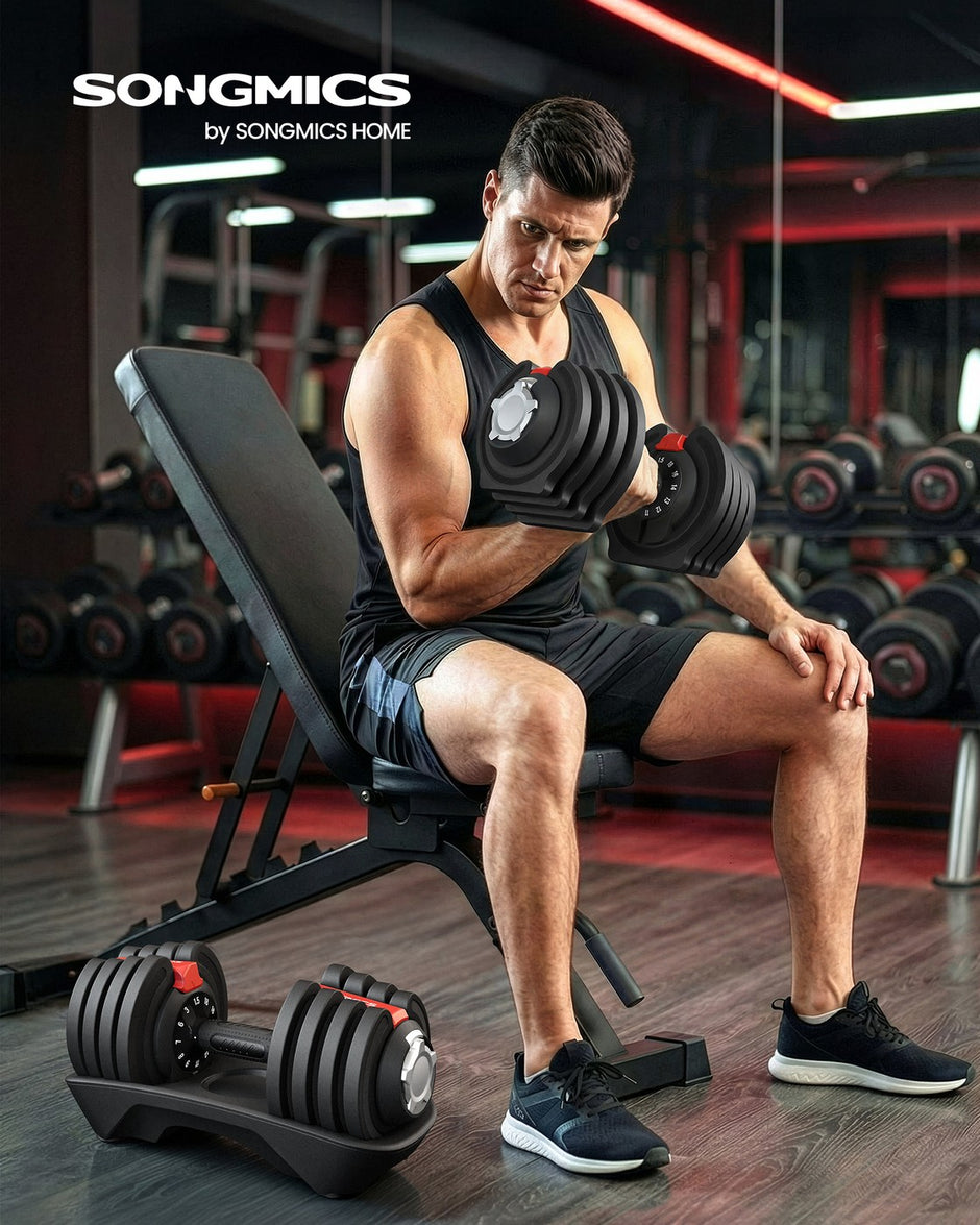 Verstelbare dumbbells - 1,5 kg tot 18 kg - Zwart en Rood - Inclusief standaard - 40 x 20,5 x 20,5 cm - Antislip handgreep