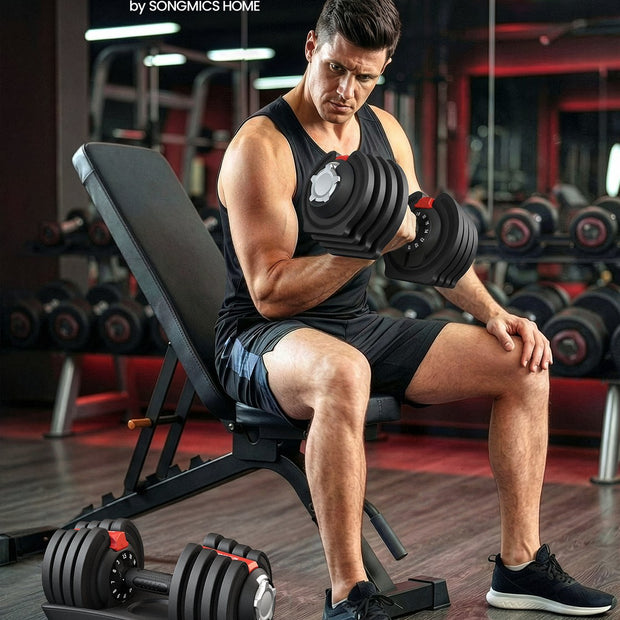 Verstelbare dumbbells - 1,5 kg tot 18 kg - Zwart en Rood - Inclusief standaard - 40 x 20,5 x 20,5 cm - Antislip handgreep