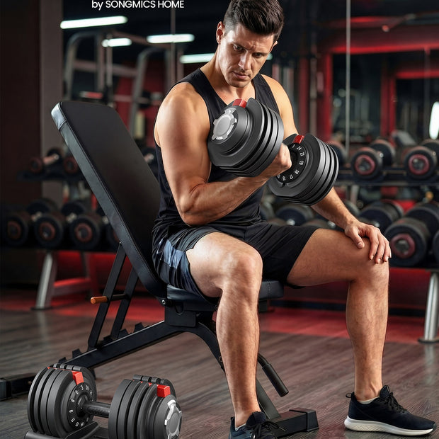 Dumbbells - 3 kg tot 24 kg - Verstelbaar - Zwart en rood - Totale gewicht 48 kg - Afmetingen 40 x 20 x 21 cm