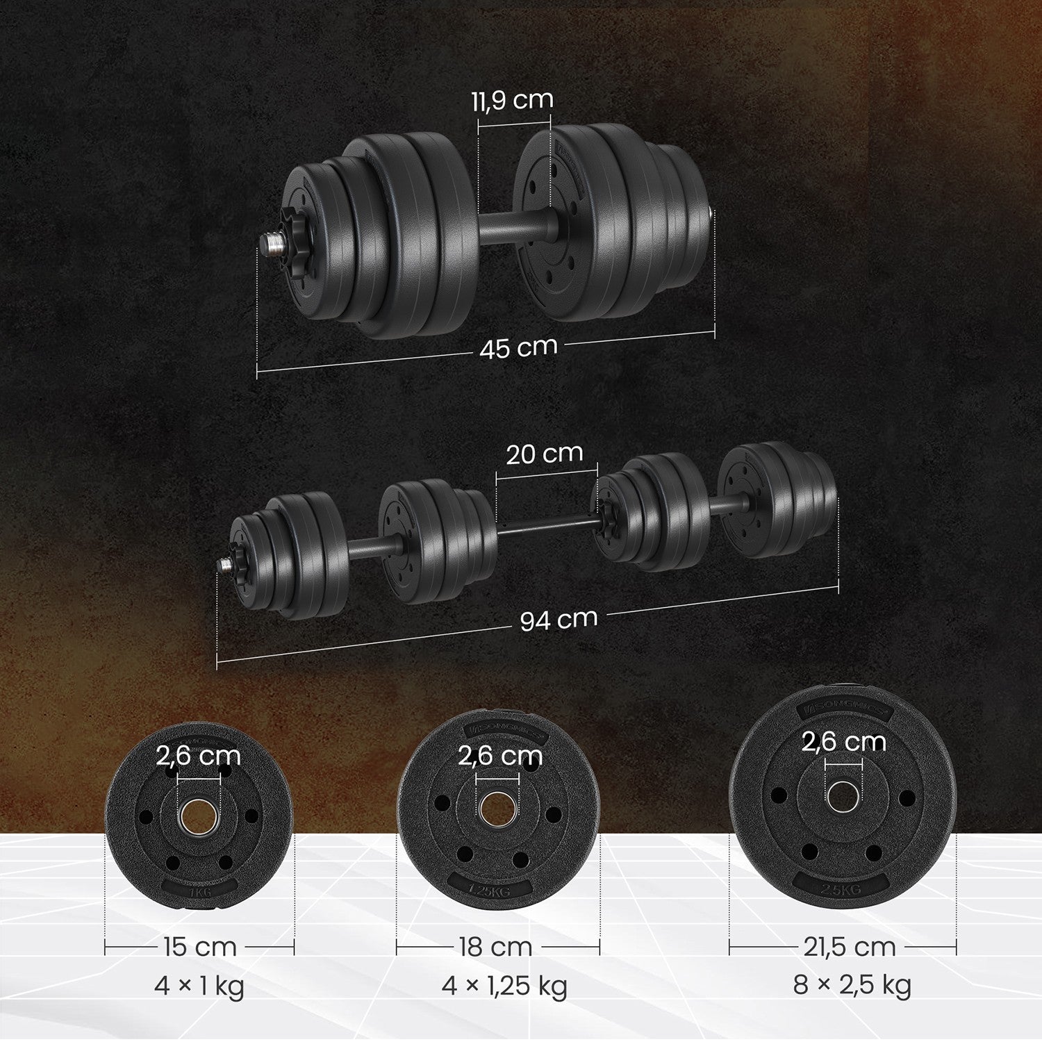 2-i-1 halter set-höljer med stålanslutningsrör, 2 x 15 kg, bläcksvart
