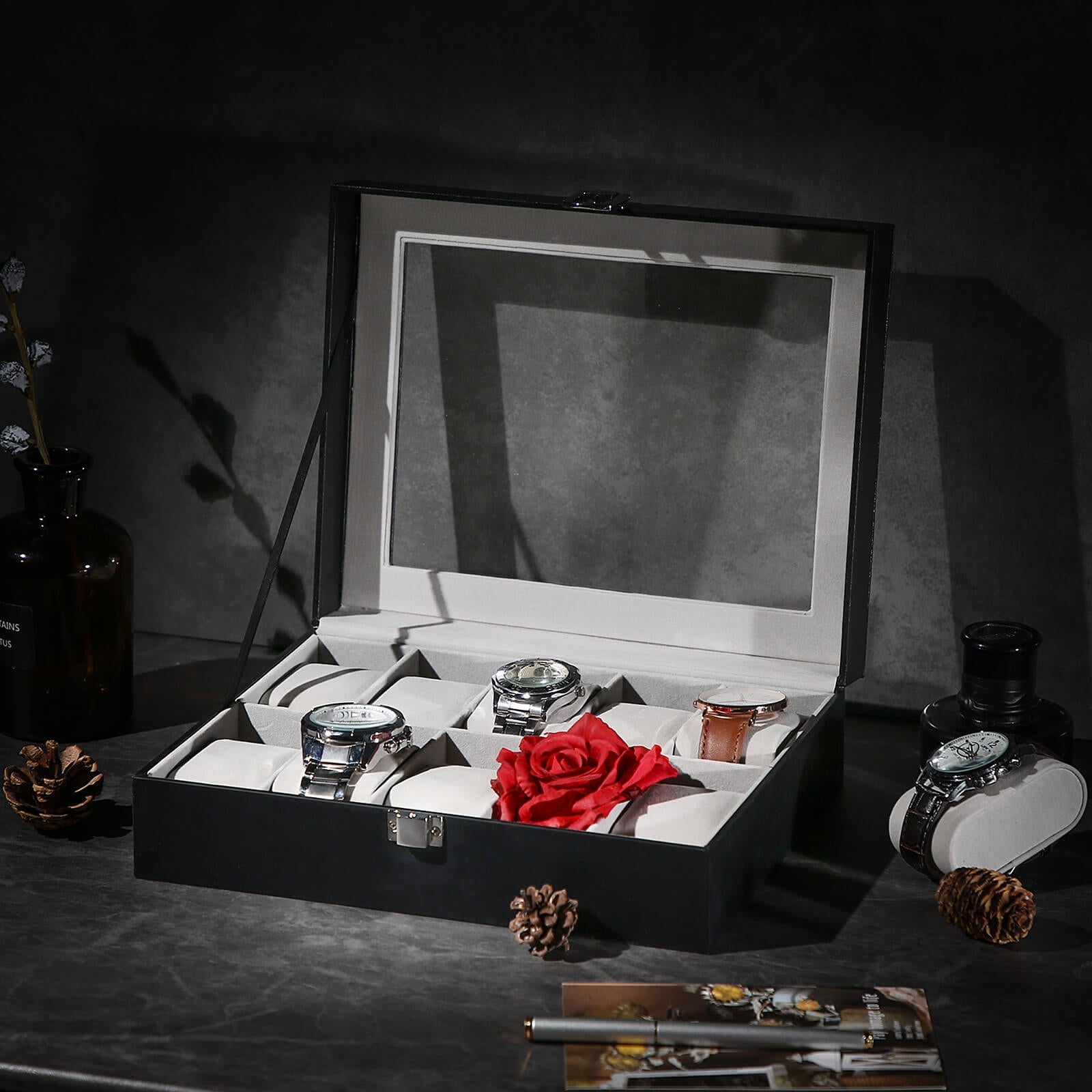 Watchbox - 10 fack - glaslock - svart/grått