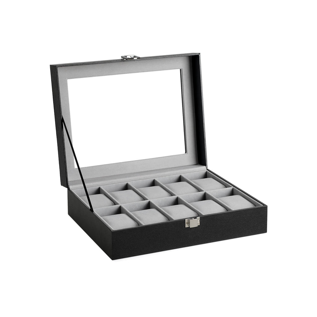 Watchbox - 10 fack - glaslock - svart/grått
