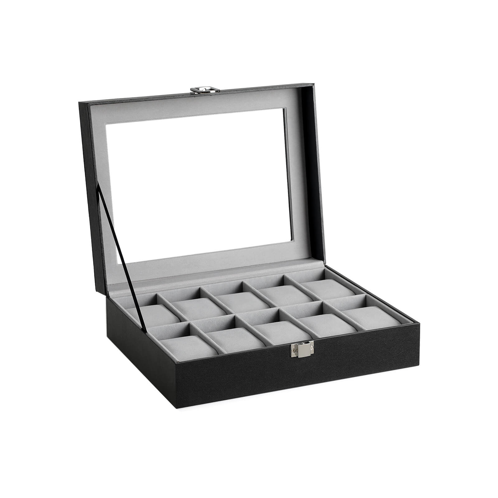 Watchbox - 10 fack - glaslock - svart/grått