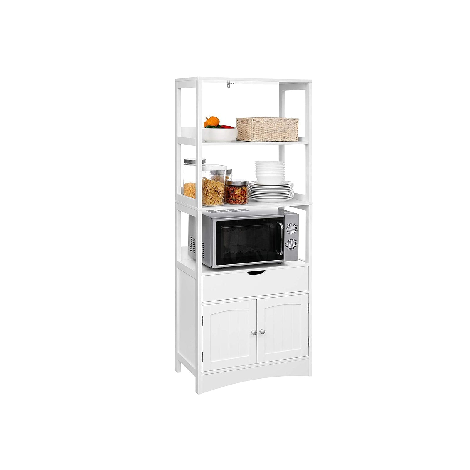 Badrumsskåp - fristående högt skåp - 60 x 32,5 x 154 cm - 3 öppna fack - 1 låda - 2 dörrar - vita