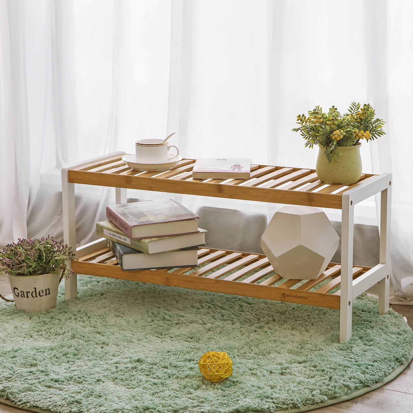 Shoe Rack - Bambu - 2 nivåer - Badrumshylla - Vit/naturligt