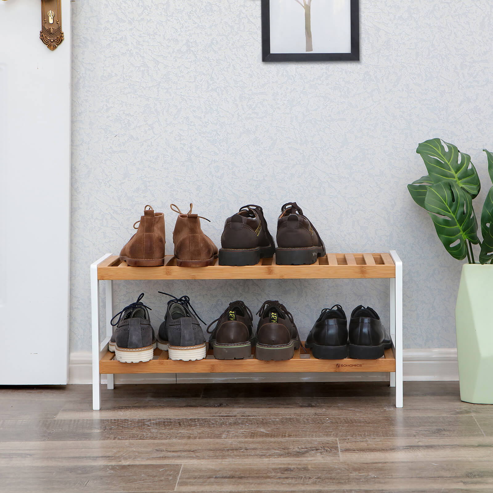 Shoe Rack - Bambu - 2 nivåer - Badrumshylla - Vit/naturligt