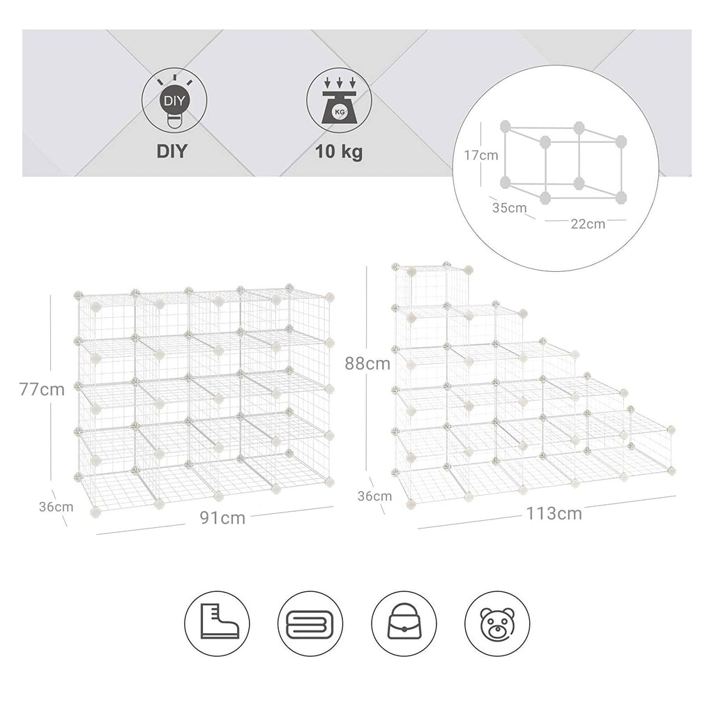 Shoe Rack - Cube skåp - 15 Metalltrådfickor - Vit