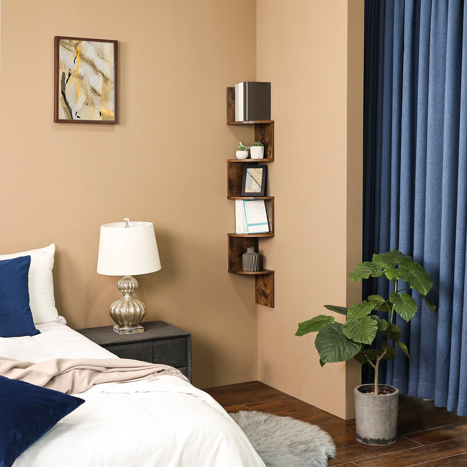 Hörnskåp - flytande hörnbräda - väggställ - träutseende - brunt